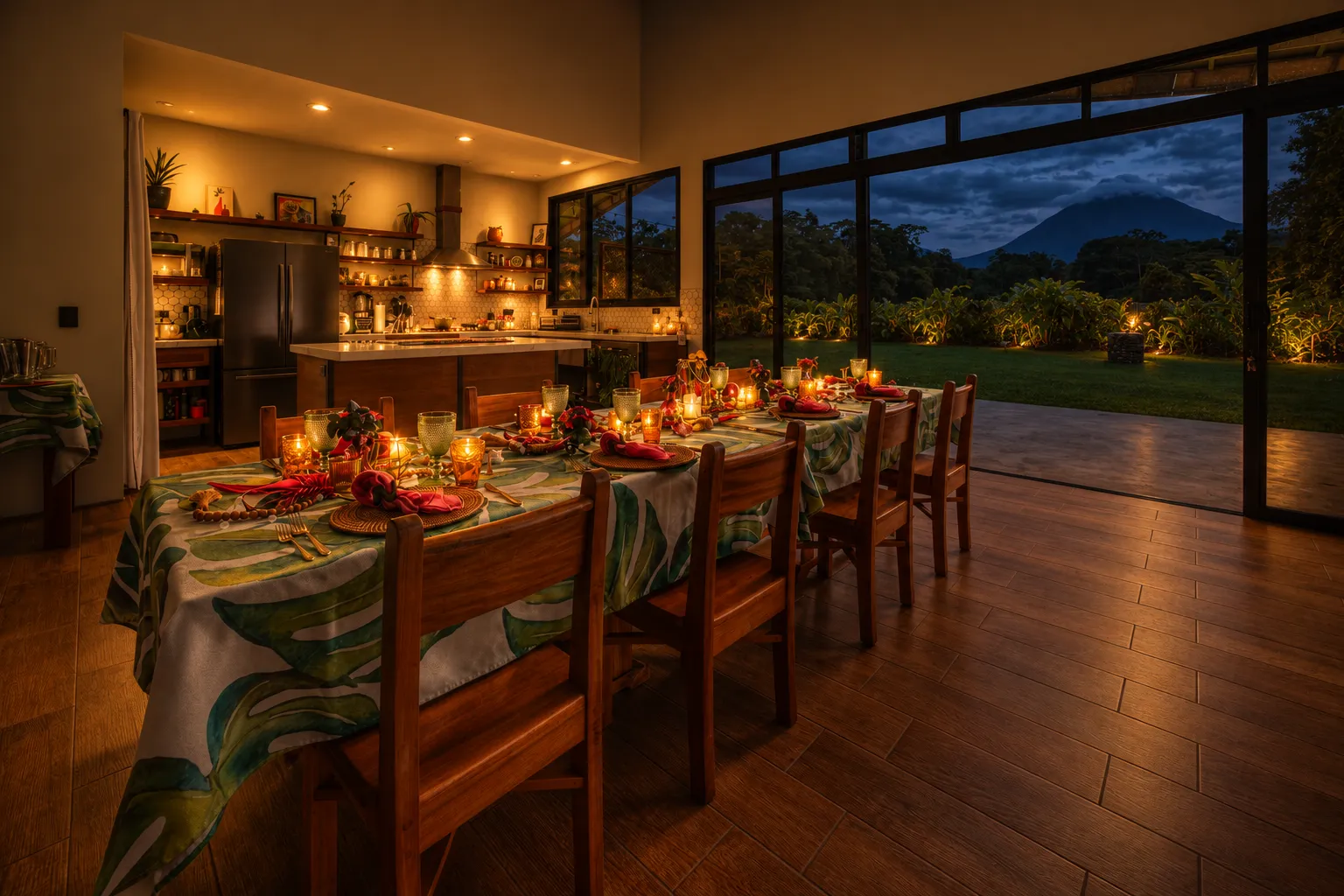 The Shared Table at night: candles on one long table, the open kitchen behind, Arenal Volcano through the glass wall
